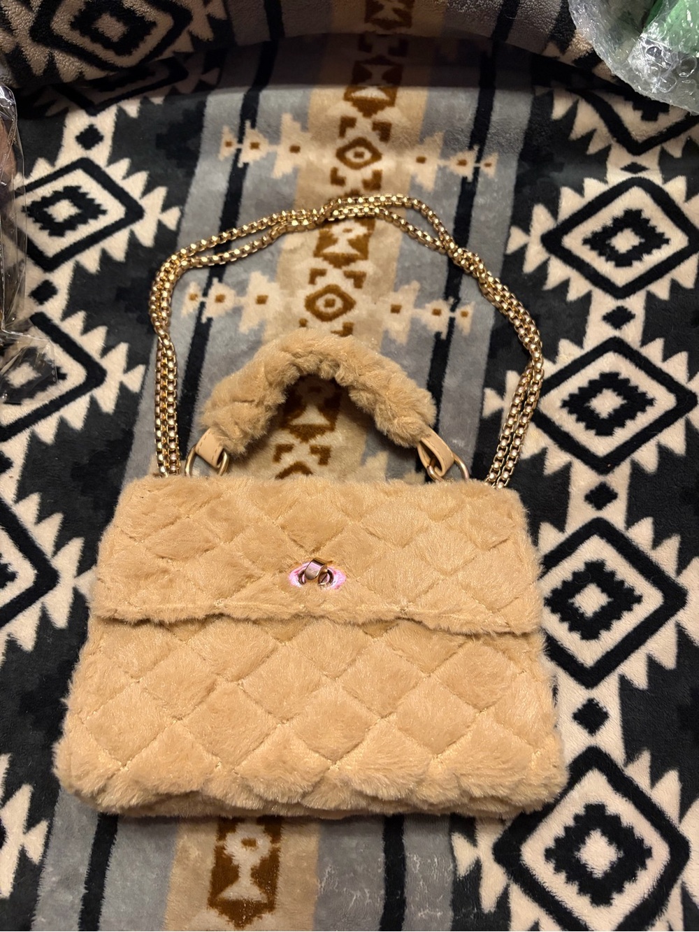 NWOT Quilted Chantelle Plush Faux Fur Shoulder Bag in Camel with Gold Chain
